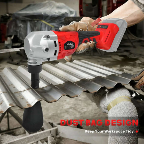 Cordless Metal Nibbler For 18V Batteries With Brushless Motor in use on corrugated metal, includes dust bag and replacement blades