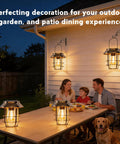 Two Pack Solar Lanterns Outdoor Waterproof Hanging Lights With Wall Hooks Retro Metal Lanterns illuminating patio dining area