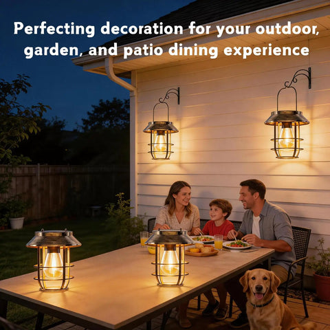 Two Pack Solar Lanterns Outdoor Waterproof Hanging Lights With Wall Hooks Retro Metal Lanterns illuminating patio dining area