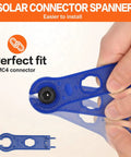 Close-up of a hand holding a blue solar connector spanner from the Solar Crimping Tool Kit For Panel Connectors With A Heavy Duty Crimper And Ten Pairs Of Solar Wire Connectors Plus Two Spanner Wrenches For Straight And Cross Wiring Perfect For DIY Solar Panels.