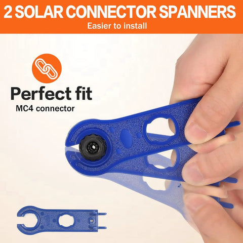 Close-up of a hand holding a blue solar connector spanner from the Solar Crimping Tool Kit For Panel Connectors With A Heavy Duty Crimper And Ten Pairs Of Solar Wire Connectors Plus Two Spanner Wrenches For Straight And Cross Wiring Perfect For DIY Solar Panels.