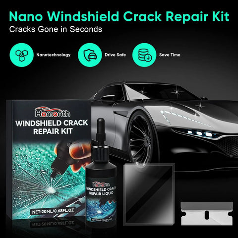 Windshield Chip And Crack Repair Kit 2026 Upgrade With Glass Repair Liquid includes repair liquid bottle, applicator, and scraper.