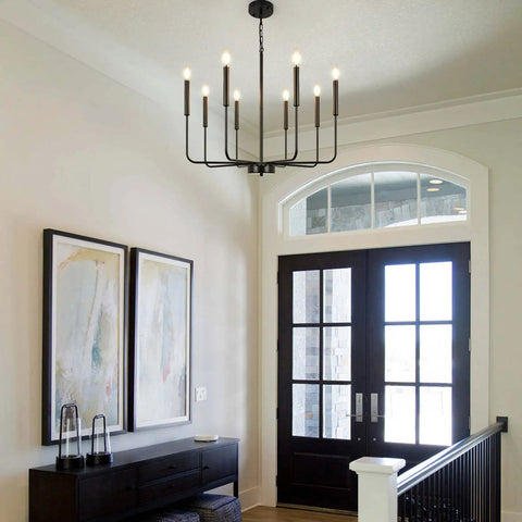 Eight Light Modern Black Farmhouse Chandelier For Dining Room Living Room Kitchen Foyer And Bedroom With Candle Style