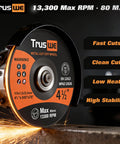 Front view of Truswe metal cut-off wheel, 4-1/2 in diameter, 0.045 in thick for angle grinder