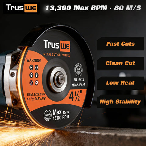 Front view of Truswe metal cut-off wheel, 4-1/2 in diameter, 0.045 in thick for angle grinder