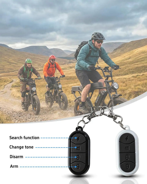 Cyclists riding Beast 1000W Electric Bike For Adults With 20 Inch Wheels on a trail with remote controls displayed.