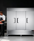 Heavy Duty Three Door Commercial Refrigerator Seventy Two Cubic Feet Stainless Steel reach in upright fridge in kitchen.
