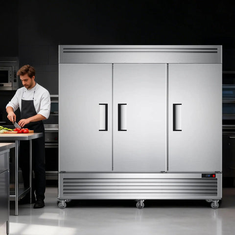 Heavy Duty Three Door Commercial Refrigerator Seventy Two Cubic Feet Stainless Steel reach in upright fridge in kitchen.