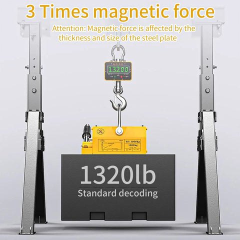 Permanent magnetic lifter with release, 440 lb (200 kg) capacity, lifting steel plates on a shop crane.