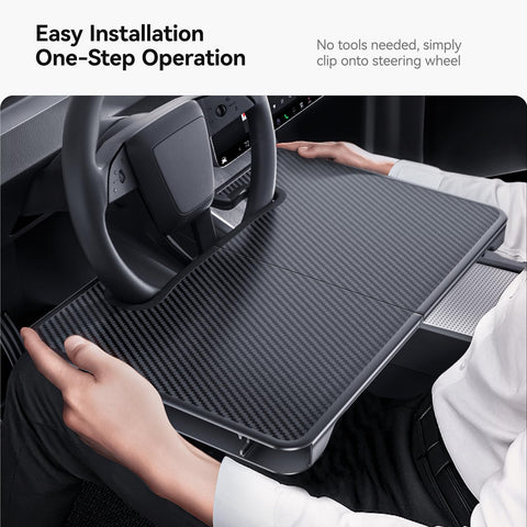 Person installing 2 In 1 Car Steering Wheel Desk Tray And Seat Gap Filler Organizer Foldable Carbon Fiber Look Table For Laptop Meals