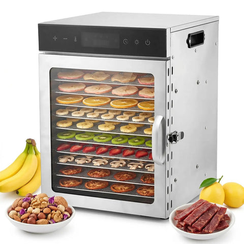 Electric Food Dehydrator A Total Kitchen Game Changer Featuring 12 Drip Free Snap Trays And A Robust 1000W Dual Fan Heater With 24 Hour Timer For Perfect Jerky Dried Fruit And Herb Preservation with dried fruits and jerky visible.