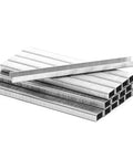 Top Shelf Heavy Duty T50 Staples For Staple Gun Quarter Inch Long Galvanized Steel Twenty Gauge Three Eighths Crown Five Thousand Pack Knockout For Upholstery And Home Repairs stacked in a box.