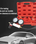 Cylinder leak-down tester kit with dual gauges, red carrying case, hoses and brass fittings