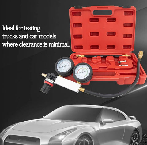 Cylinder leak-down tester kit with dual gauges, red carrying case, hoses and brass fittings