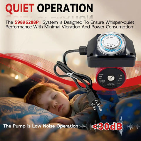Heavy Duty Hot Water Recirculator Pump With Built In Digital Timer 115V shown in a quiet operation setting near a sleeping child.