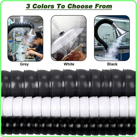 Heavy Duty Flex Extractor Hose That Pulls Smoke And Dust Straight Outta Your Shop in grey, white, black colors for air extraction.
