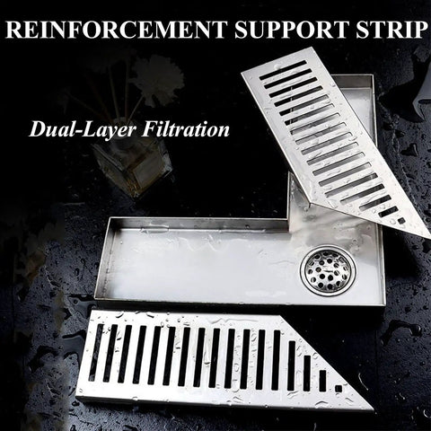 Kickass L Shaped Shower Drain Ultra Heavy 304 Stainless Steel Hair Catcher featuring dual-layer filtration support strip.