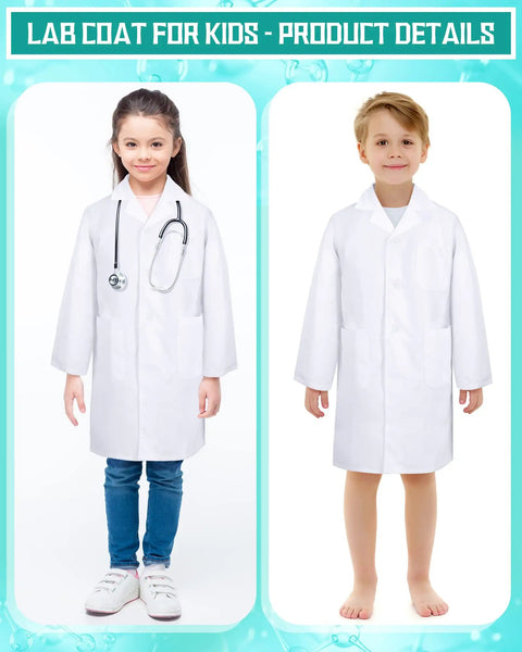 Girl and boy wearing 20 Pack Kids Lab Coats White Unisex Science Doctor Costume For Halloween School Play Bulk Set For Boys And Girls