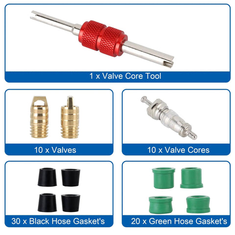 All In One HVAC Hose Gasket Kit For Air Conditioning Repairs 71 Piece Seal Set With valve core tool, valves, gaskets, close-up view