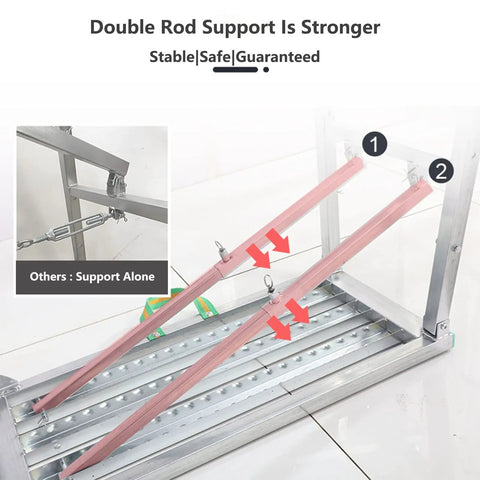 Double rod support of Portable Folding Scaffolding System With Multipurpose Work Platform Scaffold Tower Ladder Stool And Work Bench Galvanized Steel Construction 882 Lb Load Rating No Assembly Required 5.25 Ft Tall.