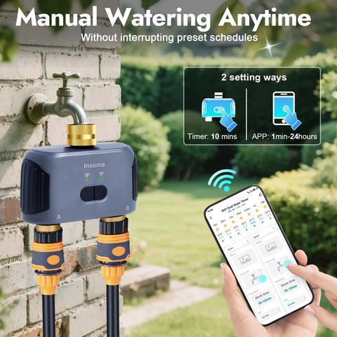 Two Zone WiFi Water Timer For Garden Hose With Brass Inlet And Outlet Remote App Control Through Smart Life Gateway Alexa Voice Control Rain Delay And Manual Mode 2.4Ghz WiFi Compatible attached to wall faucet with smartphone app control