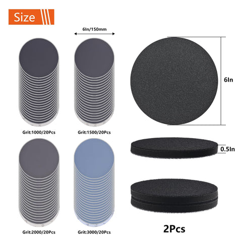 6 Inch Hook And Loop Sanding Discs Set With 80 Pcs Wet Dry Sandpaper Grits 1000 1500 2000 3000 And 2 Foam Pads shown in stacks