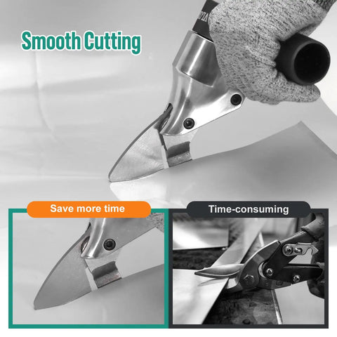 Close-up of All Purpose Metal Shear Drill Attachment cutting sheet metal, demonstrating ease for slicing iron aluminum and stainless steel panels fast.