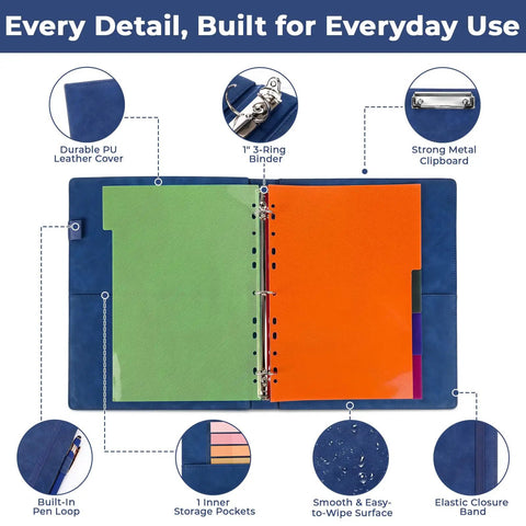 Open Six Pack 3 Ring Binder Clipboard Set With 1 Inch Linen Binders, showing 5 tab dividers and built-in pen loop, pockets