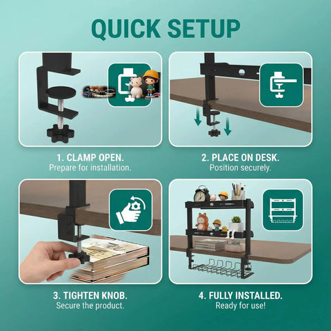 Step-by-step setup of No-Drill Clamp-On 17-Inch 2-Tier Desk Shelf With Hidden Under-Desk Storage Basket For Cables And Gaming Gear