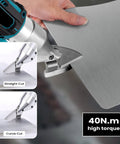 Heavy Duty Cordless Metal Shear Electric Scissors cutting stainless steel sheet with focus on straight and curve cut features.