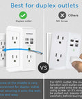 Comparison of Heavy Duty Surge Protector Wall Charger With Five AC Outlets And Four USB Ports, showing installation on duplex vs. GFCI outlet.