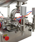 Heavy Duty Kickass Dual Nozzle Paste Filling Mixer With Auto Stirring 80 Liter Hopper close-up of stainless steel valves and pipes.