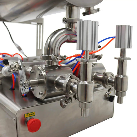Heavy Duty Kickass Dual Nozzle Paste Filling Mixer With Auto Stirring 80 Liter Hopper close-up of stainless steel valves and pipes.