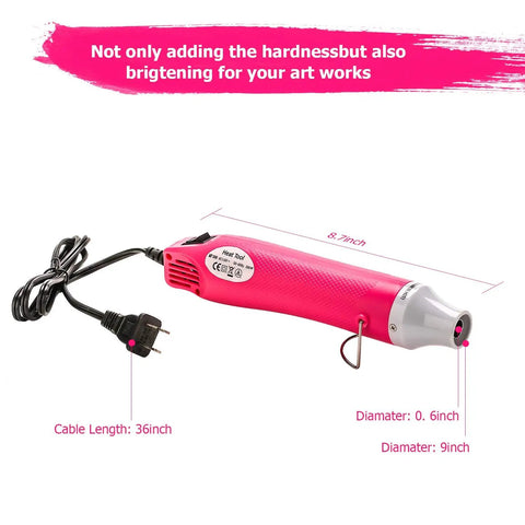 Compact Mini Heat Gun for Resin and Craft Projects in pink with measurements showing 9 inches in length and 36-inch cord.