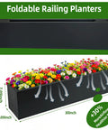 Foldable Metal Railing Planter Box Set With 30 Inch Balcony Planters And Adjustable Brackets holding colorful flowers
