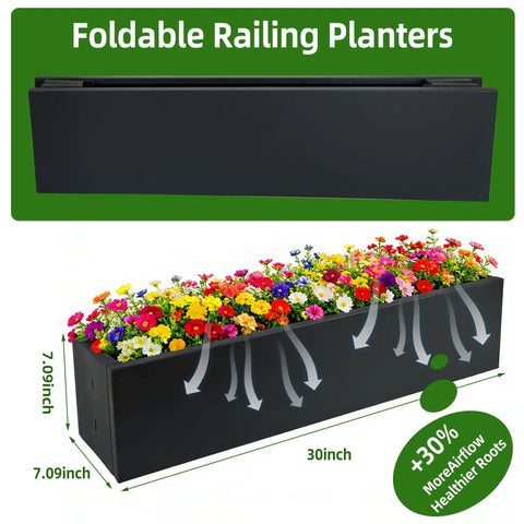Foldable Metal Railing Planter Box Set With 30 Inch Balcony Planters And Adjustable Brackets holding colorful flowers