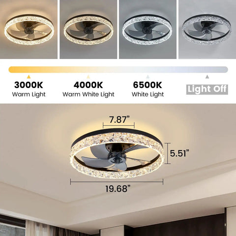 20 Inch Black Ceiling Fan With Light Remote Dimmable Enclosed Bladeless Design displayed with warm to white light settings