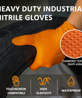 Orange nitrile glove with diamond texture on both sides, worn on hand gripping tire; large size.