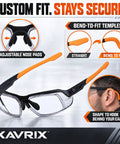 Kickass Real Deal Bifocal Photochromic Reader Safety Glasses With Side Shields Antifog UV400 Blue Light Blocking Plus 2.5 Magnification showing adjustable nose pads and bend-to-fit temples.