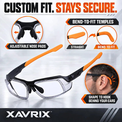 Kickass Real Deal Bifocal Photochromic Reader Safety Glasses With Side Shields Antifog UV400 Blue Light Blocking Plus 2.5 Magnification showing adjustable nose pads and bend-to-fit temples.