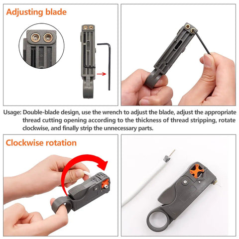 Person adjusting blade on Two Pack Coaxial Cable Stripper Cutter Tool for RG59 RG58 RG6 RG11, showing ABS grip and dual blades