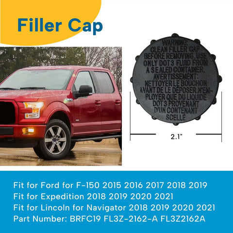 Brake Fluid Reservoir Cap Replacement For Ford F150 2015 To 2019 Expedition 2018 To 2021 Lincoln Navigator 2018 To 2021 shown next to a red truck with dimensions.