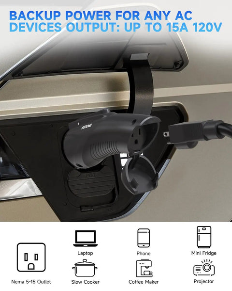 Vehicle To Load Adapter For Hyundai Ioniq 5 Ioniq 6 And Kia EV6 Converts Port To Standard 120V AC Outlet, 15A output for devices.