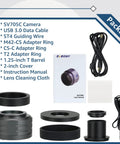 705C Telescope Camera With IMX585 Sensor and accessories including cables, adapter rings, cover, user manual, and cleaning cloth.