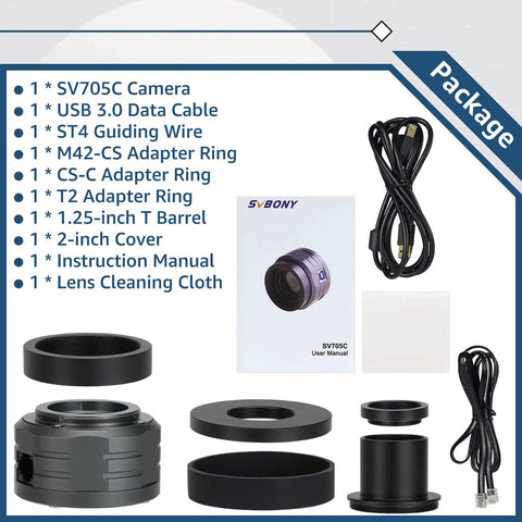 705C Telescope Camera With IMX585 Sensor and accessories including cables, adapter rings, cover, user manual, and cleaning cloth.