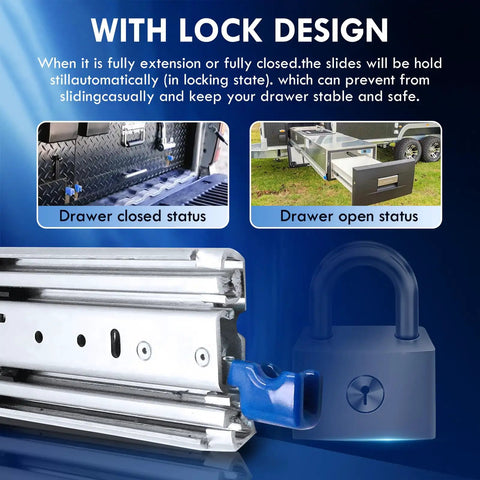 Beefy Heavy Duty Locking Drawer Slides With 390 Lb Load Capacity, 18 To 40 Inch Full Extension Side Mount Ball Bearing Cabinet Rails, lock design