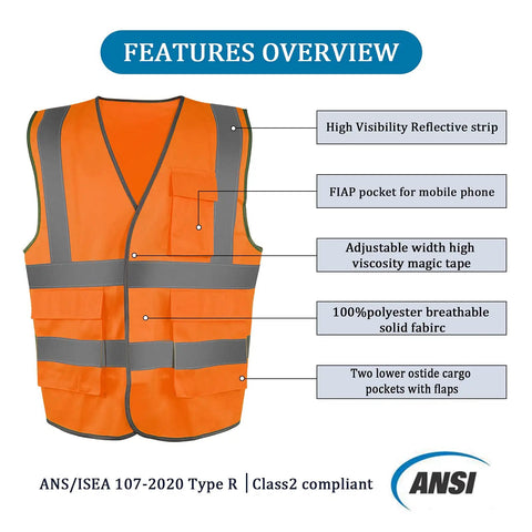 Image of High Visibility Reflective Safety Vest Orange Breathable Unisex Adjustable Fit With Magic Tape Closure And 360 Degree Hi Vis Strips