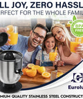 Eurolux Premium Electric Orange Juicer Featuring 160W High-Torque Motor for family juice preparation with stainless steel design.