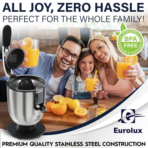 Eurolux Premium Electric Orange Juicer Featuring 160W High-Torque Motor for family juice preparation with stainless steel design.
