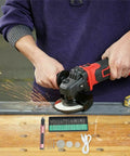 Go-To Cordless Rotary Tool Kit With 3 Speed Engraving Pen And LED Display, 25W Drill Grinder For Carving, Polishing And Cutting, 3.6V Portable Power Tool For DIY Projects And Light Pro Work. person using red angle grinder on metal with sparks